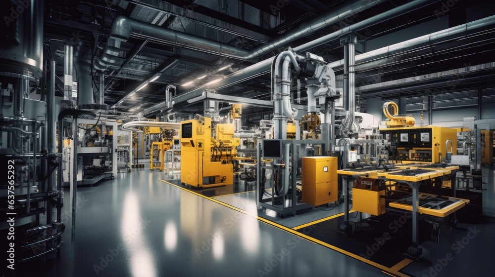 A factory floor with machinery producing sleek and functional products, showcasing the intersection of aesthetics and usability in industrial design