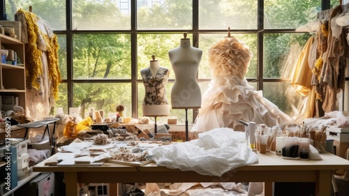 A fashion designer's studio with dress forms, fabric swatches, and sewing equipment, representing the creative process of designing clothing