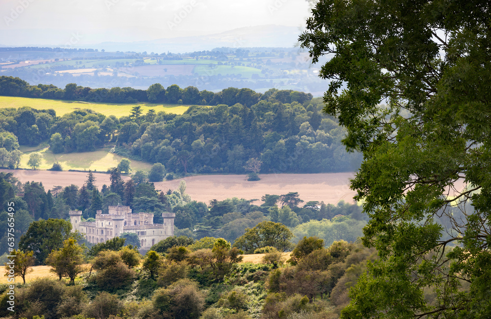 Eastnor Castle,view from the Obelisk at the top of Midsummer Hill,Herefordshire countryside,England,U.K.