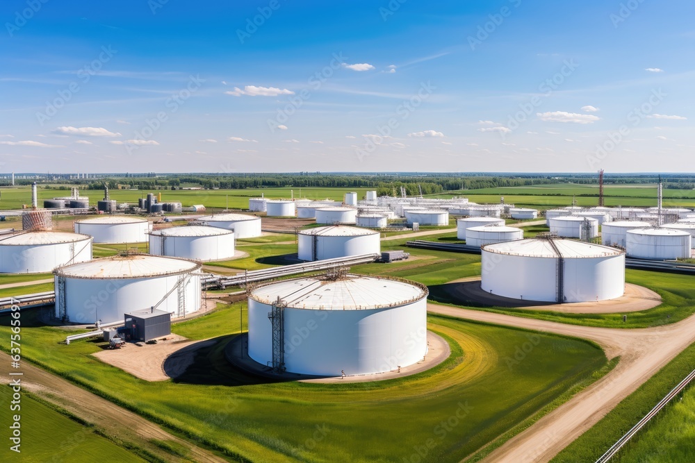 Tank farm with rows of oil storage tanks. Tank farm with rows of oil storage tanks.