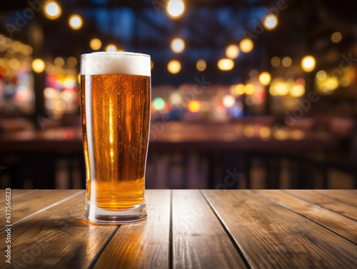 Glass of cold beer on wooden table with blurred background. Drinking alcohol outdoors
