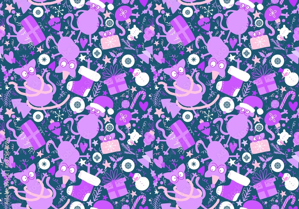 Naklejka premium Christmas animals seamless cats and gift box and tree and toys pattern for wrapping paper and fabrics