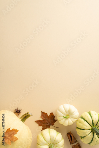 Capture spirit of autumn's bounty with this vertical elevated composition. Arrangement of mature pumpkins and quintessential fall attributes on a neutral beige backdrop, leaving space for text or ads