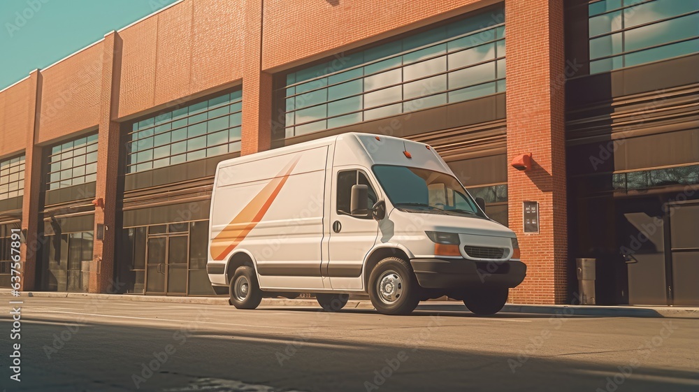 A delivery van leaving a distribution center, showcasing the seamless process of order fulfillment and home delivery