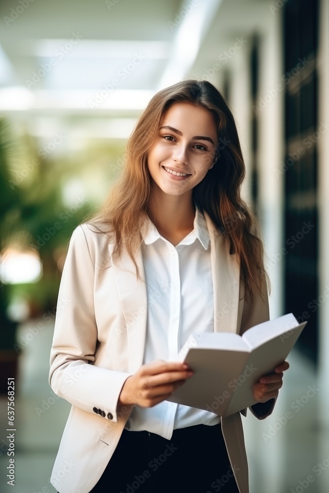 Happy pretty european girl student holding book standing in modern university campus library and study reading book. Generative AI