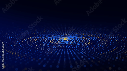 Abstract technology blue circle wave. Flow of particles. Big data transfer visualization. 3d rendering.