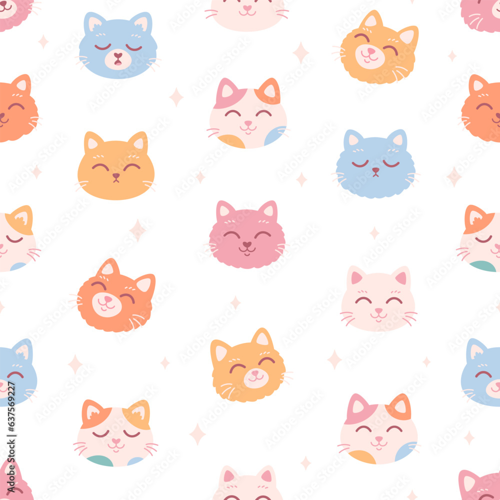 Cute cat faces seamless pattern. Cat characters with different emotions and facial expressions. Vector illustration in flat style