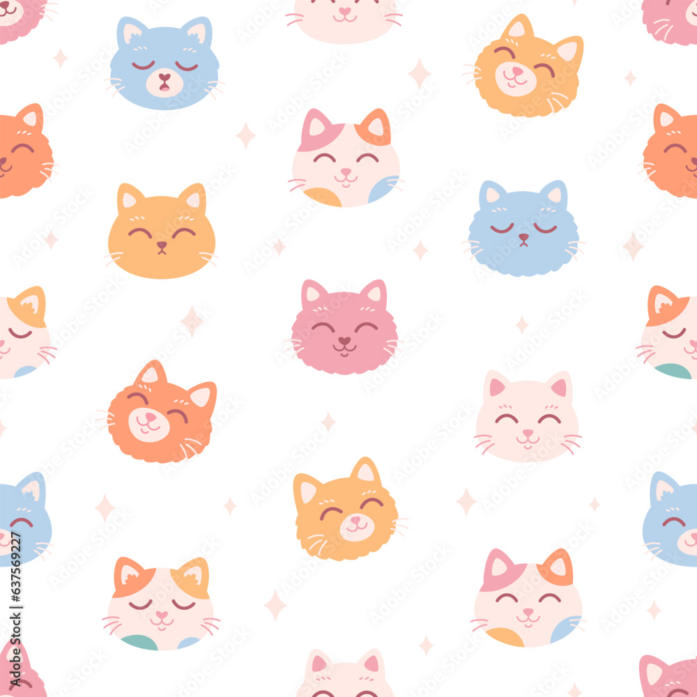 Cute cat faces seamless pattern. Cat characters with different emotions and facial expressions. Vector illustration in flat style Cute cat faces seamless pattern. Cat characters with different emotions and facial expressions. Vector illustration in flat style