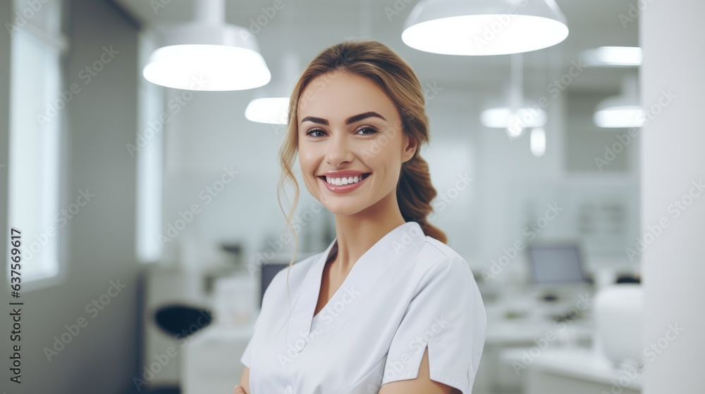 Smiling woman doctor standing in a clinic with a lab coat. Medicine and healthcare concept. Portrait of a beautiful happy female caucasian nurse standing in a new, clean hospital corridor. Smiling woman doctor standing in a clinic with a lab coat. Medicine and healthcare concept. Portrait of a beautiful happy female caucasian nurse standing in a new, clean hospital corridor.