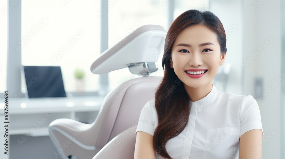 Smiling Asian woman sitting in the dentist's office. Laughing Chinese girl with perfect teeth waiting in a doctor's cabinet. Portrait of a cheerful young adult Japanese female, dental treatment Smiling Asian woman sitting in the dentist's office. Laughing Chinese girl with perfect teeth waiting in a doctor's cabinet. Portrait of a cheerful young adult Japanese female, dental treatment