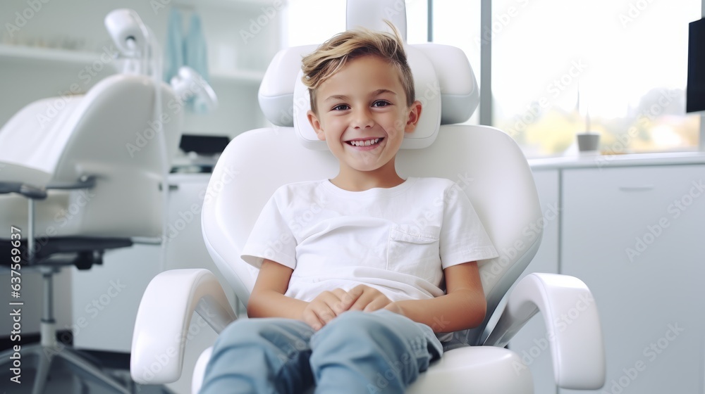 Portrait of a smiling kid sitting in the dentist's office. Laughing caucasian boy with perfect teeth waiting in a doctor's cabinet. Cheerful young child, going through dental treatment. Portrait of a smiling kid sitting in the dentist's office. Laughing caucasian boy with perfect teeth waiting in a doctor's cabinet. Cheerful young child, going through dental treatment.