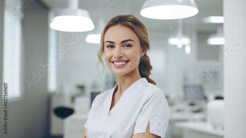 Smiling woman doctor standing in a clinic with a lab coat. Medicine and healthcare concept. Portrait of a beautiful happy female caucasian nurse standing in a new  clean hospital corridor.
