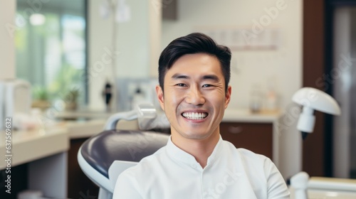 Portrait of a smiling Asian man sitting in the dentist's office. Laughing Chinese guy with perfect teeth waiting in a doctor's cabinet. Cheerful handsome young Japanese man, dental treatment