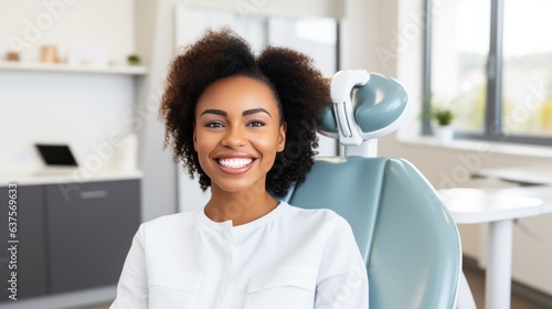 Portrait of a smiling african american woman sitting in the dentist's office. Laughing African girl with perfect teeth waiting in a doctor's cabinet. Cheerful young African girl, dental treatment