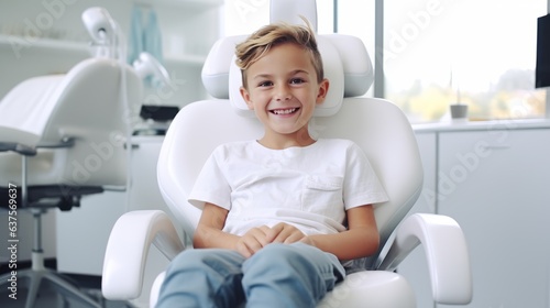 Portrait of a smiling kid sitting in the dentist's office. Laughing caucasian boy with perfect teeth waiting in a doctor's cabinet. Cheerful young child, going through dental treatment.