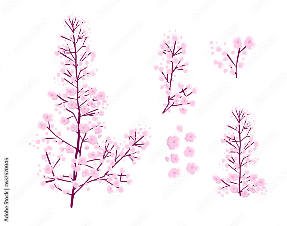 Pink flowers on a twig object. Vector illustration Pink flowers on a twig object. Vector illustration