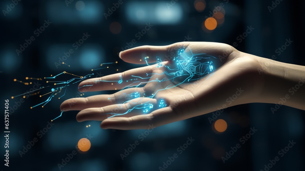 Robot hand holding and touching a holographic projection isolated on a black background reaching out. Blue digital hand reaching forward. 3D rendering of a blue female cyborg holding out a hand. - obrazy, fototapety, plakaty 