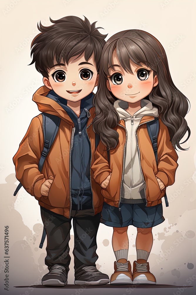 Little school children stand. Cartoon characters Little school children stand. Cartoon characters