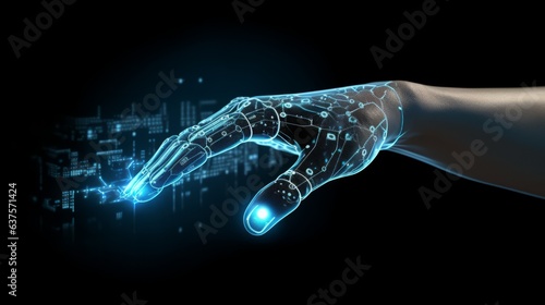Robot hand isolated on a black background reaching out. Blue digital hand reaching forward. 3D rendering of a female cyborg holding out a hand. Electronic arm stretched out glowing with a blue light
