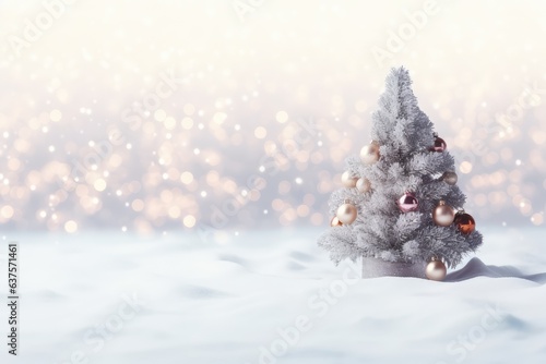 blurred christmas tree and lights on abstract white snow background