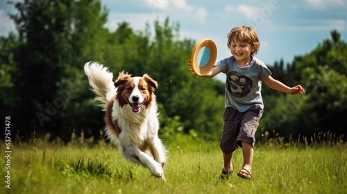 a Horizontal format of a boy playing catch with his dog in Leisure-themed, photorealistic illustrations in JPG.  Generative ai