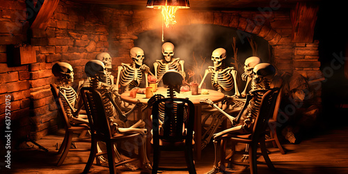 illustration of skeletons which sitting at festive table and celebrating Halloween. Halloween party