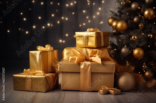 Gold paper wrapped gift boxes with gold ribbons stand in a room on the floor next to a Christmas tree against a brown wall with blurred yellow lights. Soft warm light. Copy space.