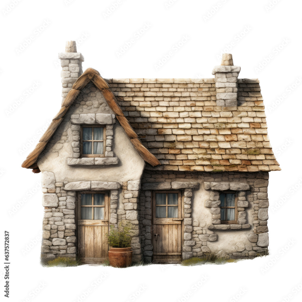 a Stucco and Stone Cottage in a building-themed, illustration in a PNG, cutout, and isolated. Generative ai