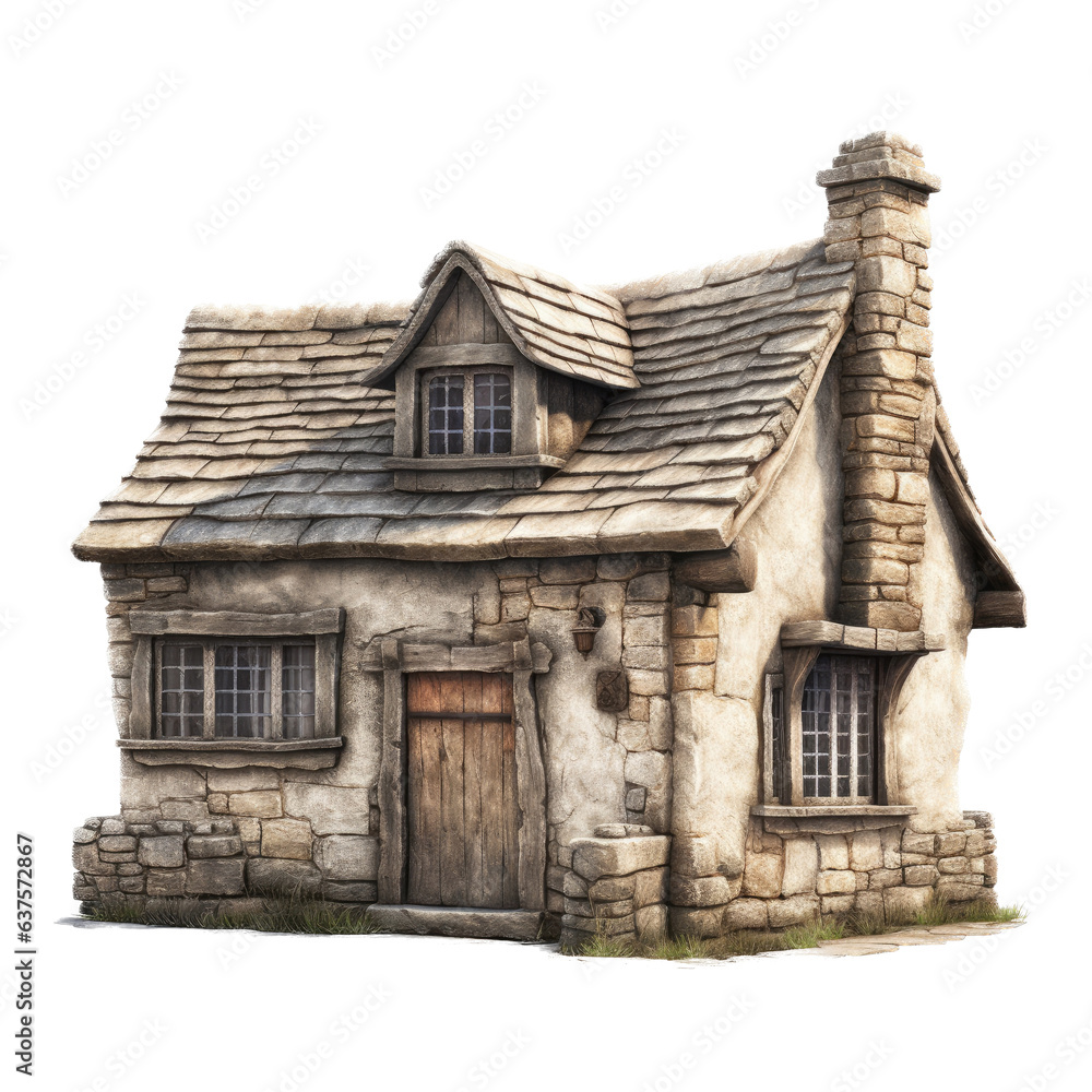 a Stucco and Stone Cottage, 3/4 view in a building-themed, illustration in a PNG, cutout, and isolated. Generative ai