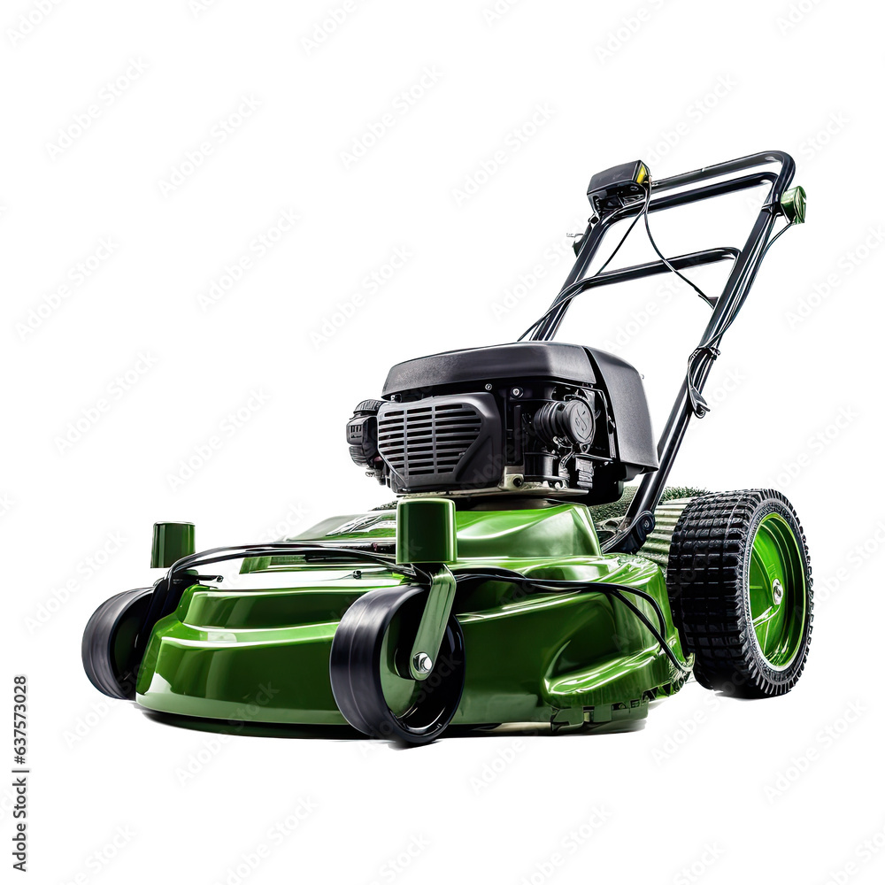 Fototapeta premium a Green lawnmower in a garden and landscaping-themed, photorealistic illustration in a transparent PNG, cutout, and isolated. Generative ai