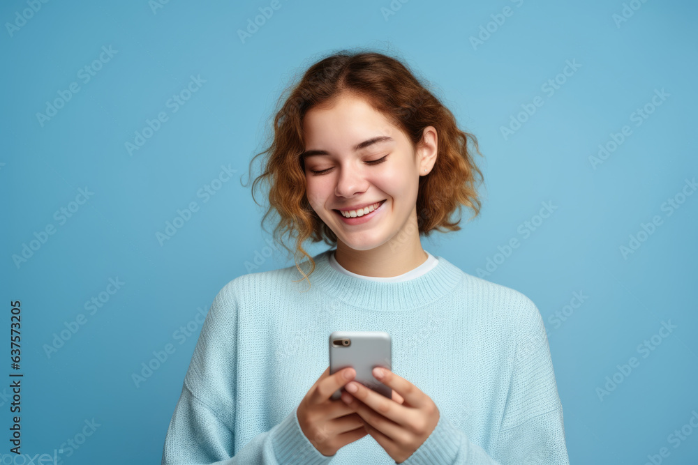 Cheerful girl dressed in a cozy blue sweater smiles as she looks at her smartphone, set against a harmonious blue background. Capturing a casual and modern moment of digital connection. Cheerful girl dressed in a cozy blue sweater smiles as she looks at her smartphone, set against a harmonious blue background. Capturing a casual and modern moment of digital connection.