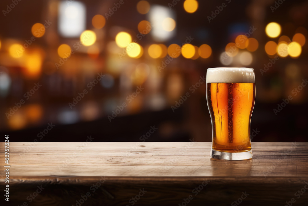 Refreshing glass of beer sitting on a wooden table, creating an inviting atmosphere in a cozy bar setting. This image captures the essence of relaxation and enjoyment. Refreshing glass of beer sitting on a wooden table, creating an inviting atmosphere in a cozy bar setting. This image captures the essence of relaxation and enjoyment.