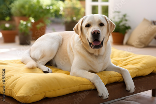 Labrador retriever is captured in a moment of relaxation, sitting comfortably on a yellow pillow placed on a wooden sofa. The scene exudes coziness and warmth.