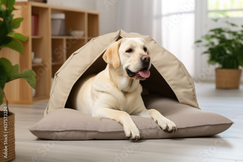 Labrador retriever is captured in a moment of relaxation, sitting comfortably on a brown pillow placed on a wooden sofa. The scene exudes coziness and warmth.