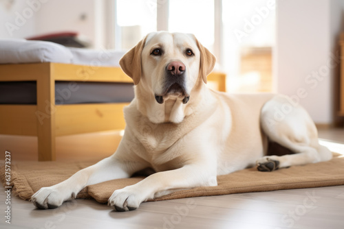 Labrador lies peacefully on a soft rug placed near the bed. The image captures a serene moment of relaxation, showcasing the bond between the dog and its human companions.