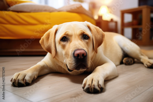 Labrador lies peacefully near the bed. The image captures a serene moment of relaxation, showcasing the bond between the dog and its human companions.