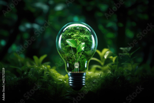 An eco-friendly light bulb with a cluster of plants inside, set against the backdrop of a lush forest. This concept symbolizes the integration of sustainable technology and nature.