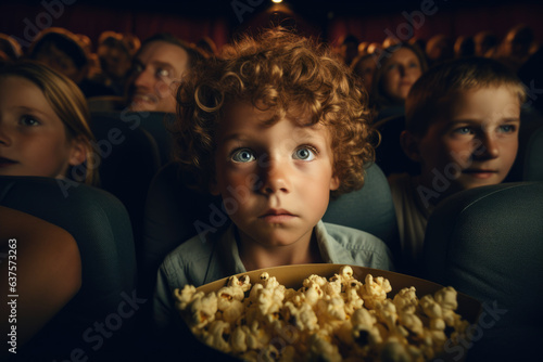 Surprised and emotional child engrossed in watching a movie in a cinema  holding a bucket of popcorn. The excitement and joy of the cinematic experience are vividly captured as the child is immersed.