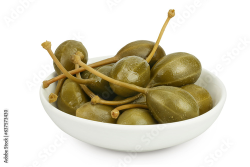Capers in ceramic bowl isolated on white background. Pickled or canned capers.