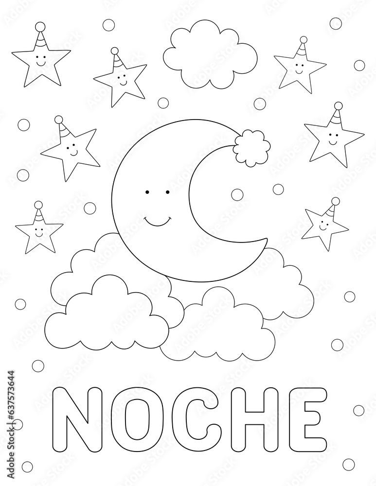 spanish word for night. educational coloring page for kids. you can