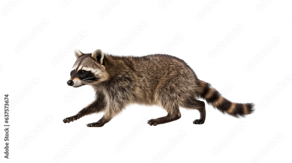 a raccoon walking/running, side view in a Nature-themed, illustration in a PNG, cutout, and isolated. Generative AI