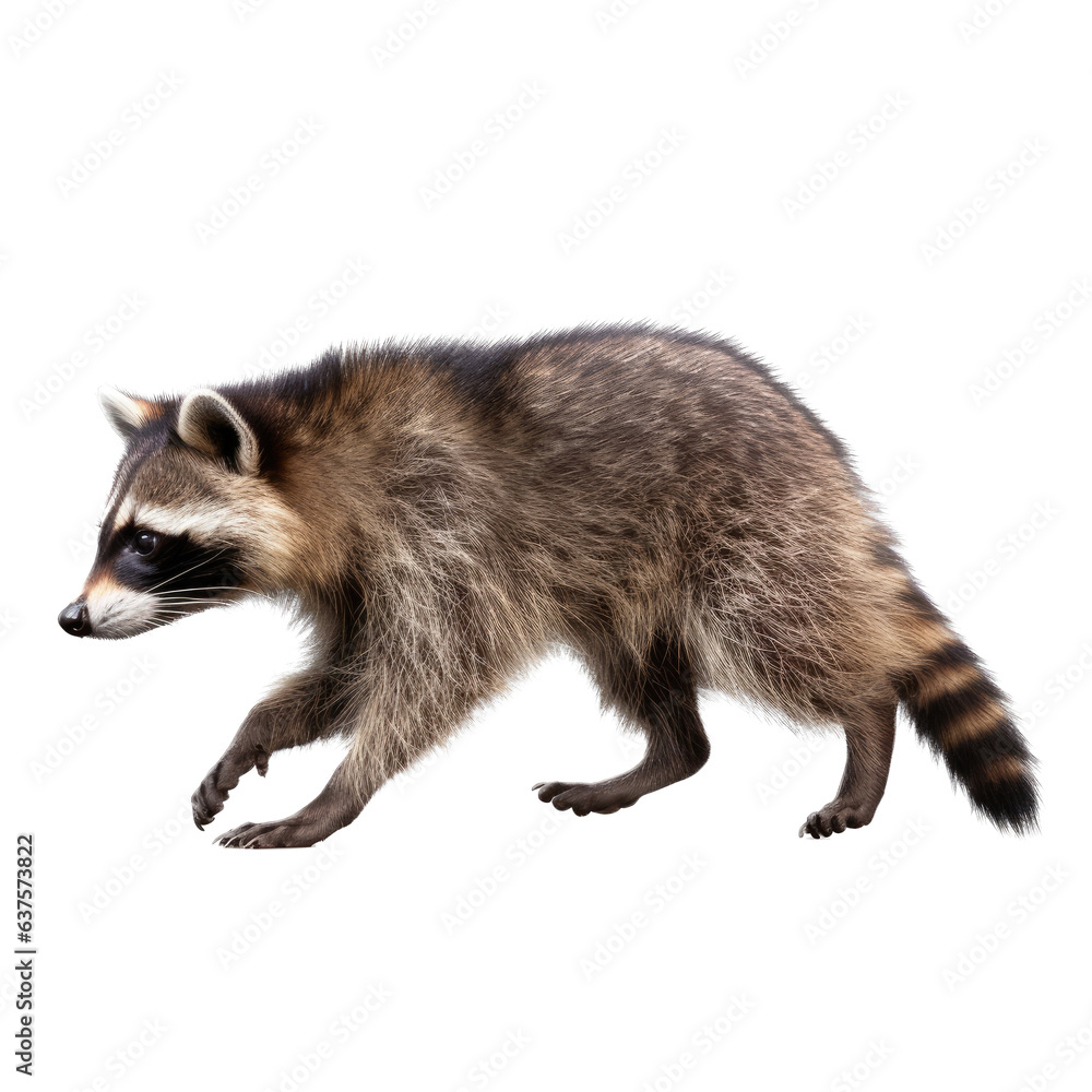 Obraz premium a raccoon walking/running, side view in a Nature-themed, illustration in a PNG, cutout, and isolated. Generative AI