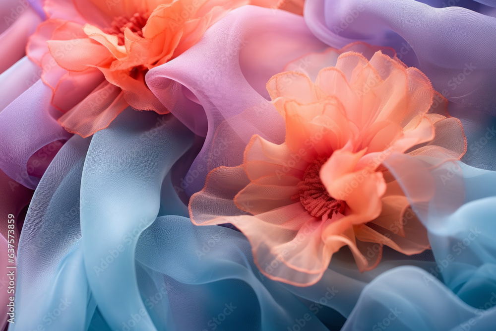 Creative layout made with flowers and pastel color tulle fabric. Spring, nature minimal concept. Fashion background. 