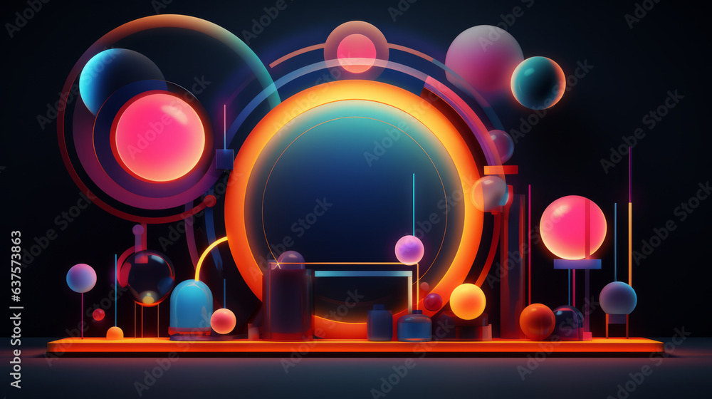 Abstract fantasy background composed of colorful geometrical pieces. Neon lights, realism with surrealistic elements. 