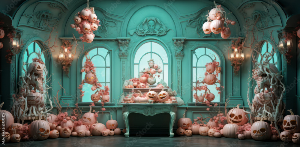 Fototapeta premium Aesthetic Halloween background in neoclassical style with pastel shades of pink and turquoise.