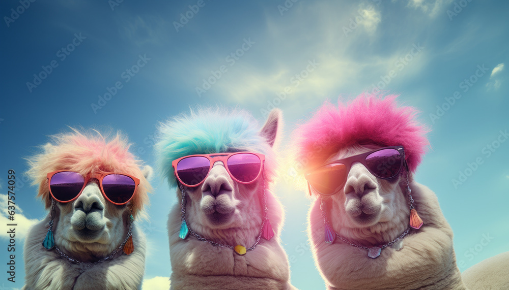 Three lamas in pastel colors with sunglasses, taking a selfie. Concept of trendy anthropomorphism.
