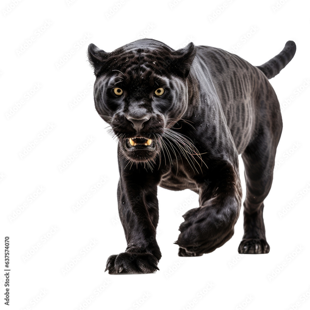 Obraz premium a Black Jaguar, forward aggressive action, full body, 3/4 view, in a Nature-themed, illustration in a PNG, cutout, and isolated. Generative AI