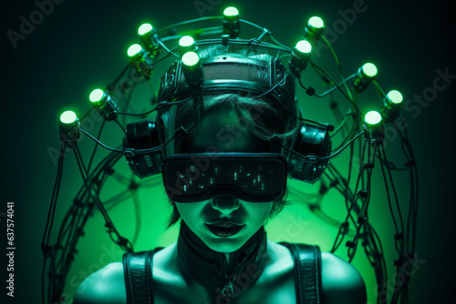 Surreal, futuristic composition of a woman with a VR headset in cyberspace with green neon lights.