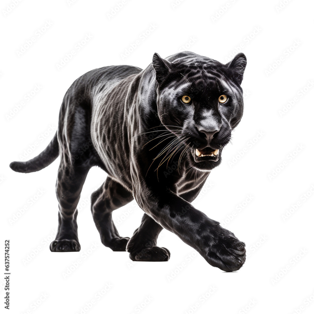 a Black Jaguar, forward aggressive action, full body, 3/4 view, in a Nature-themed, illustration in a PNG, cutout, and isolated. Generative AI a Black Jaguar, forward aggressive action, full body, 3/4 view, in a Nature-themed, illustration in a PNG, cutout, and isolated. Generative AI
