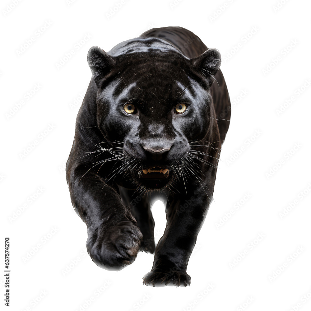 a Black Jaguar, forward aggressive action, full body, frontal view, in a Nature-themed, illustration in a PNG, cutout, and isolated. Generative ai a Black Jaguar, forward aggressive action, full body, frontal view, in a Nature-themed, illustration in a PNG, cutout, and isolated. Generative ai